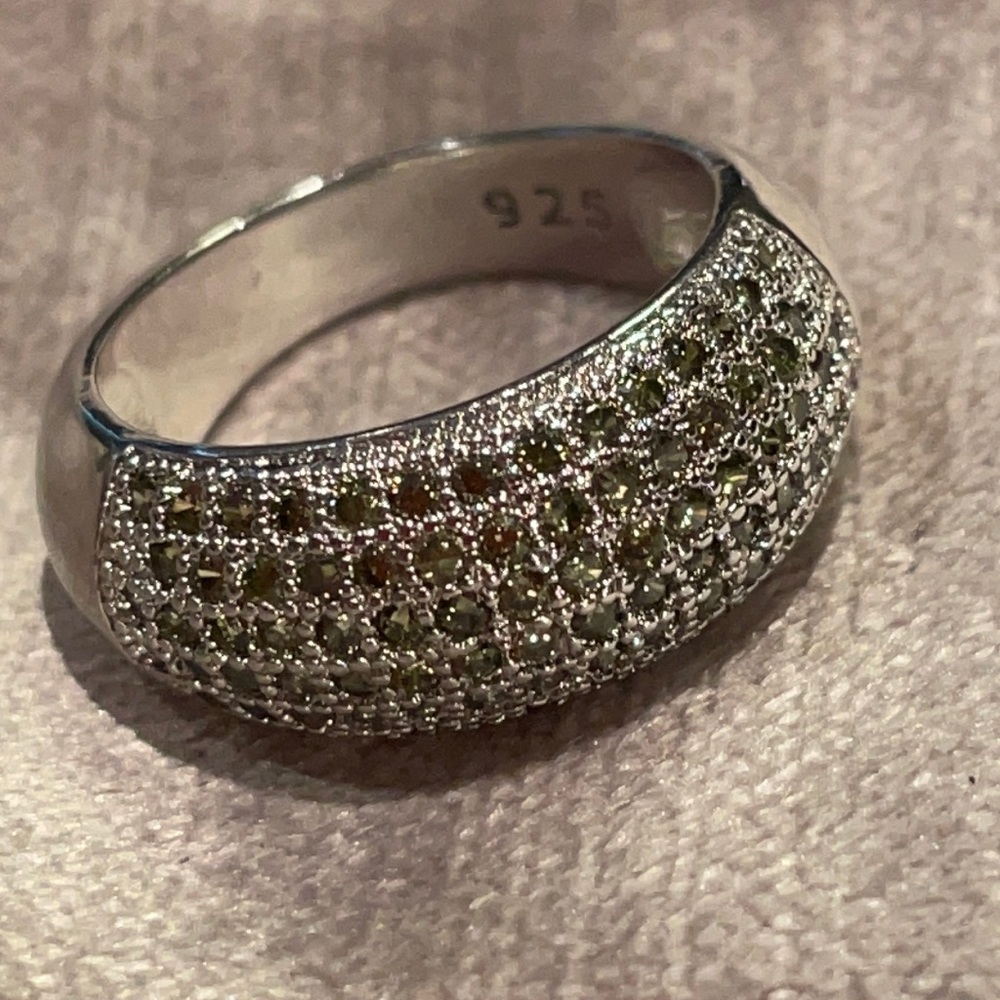 Green Peridot Pave Gemstone Cigar Band Ring  925 Sterling Silver Size 7